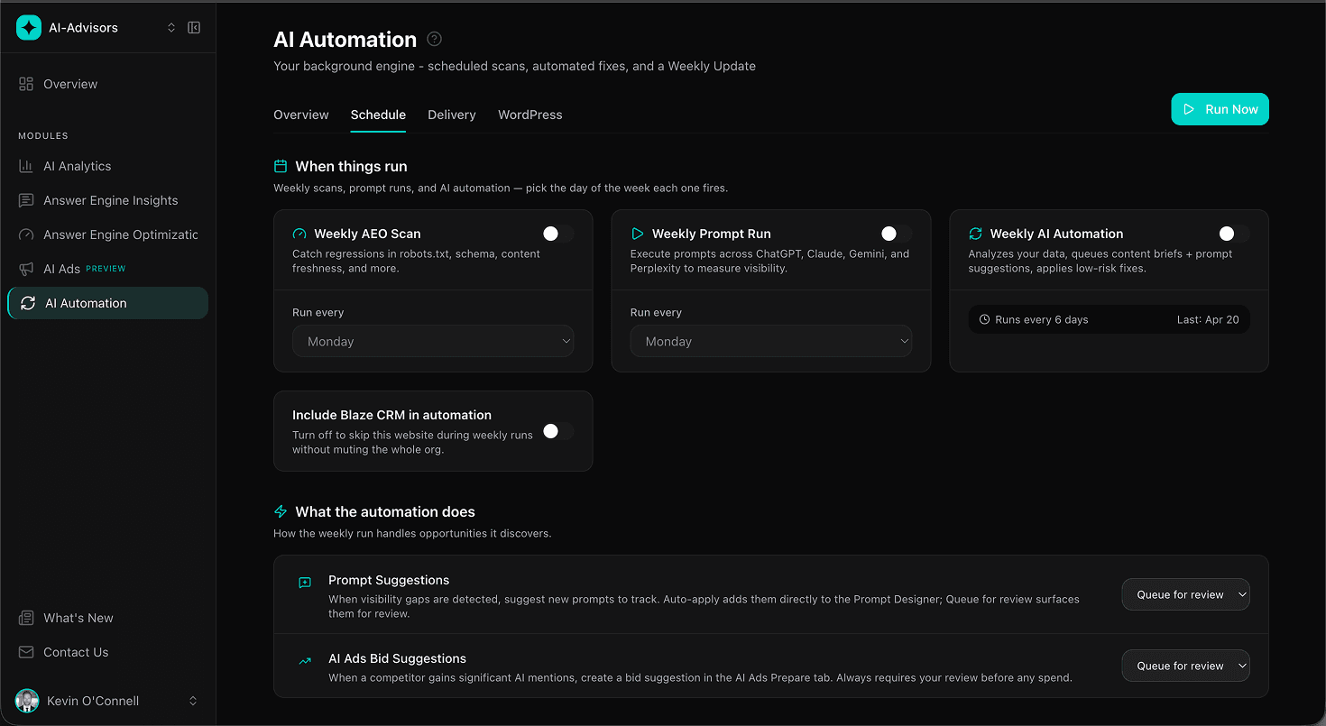 AI Automation Schedule tab for Blaze CRM showing three weekly jobs (Weekly AEO Scan, Weekly Prompt Run, Weekly AI Automation) with day pickers plus the Run Now button.