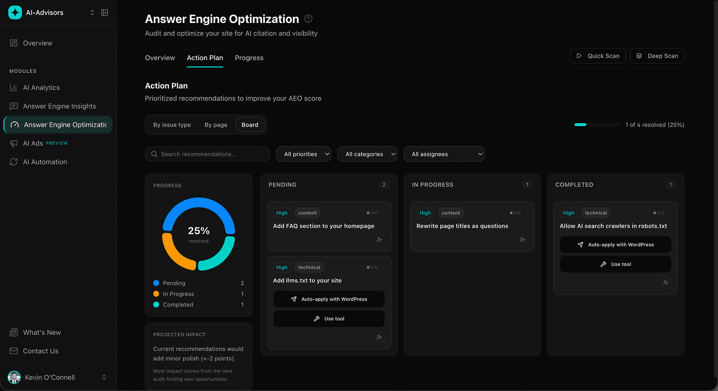 Answer Engine Optimization Action Plan Kanban board with pending, in progress, and completed recommendation cards, WordPress auto-apply buttons, and a projected score widget.