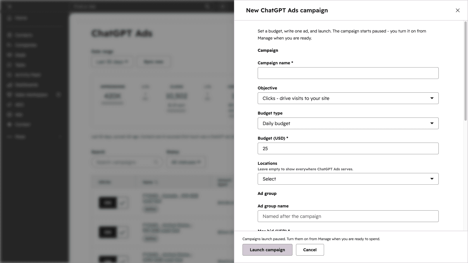 A New ChatGPT Ads campaign panel open over the campaign table, with fields for campaign name, objective, budget type, budget, locations and ad group.