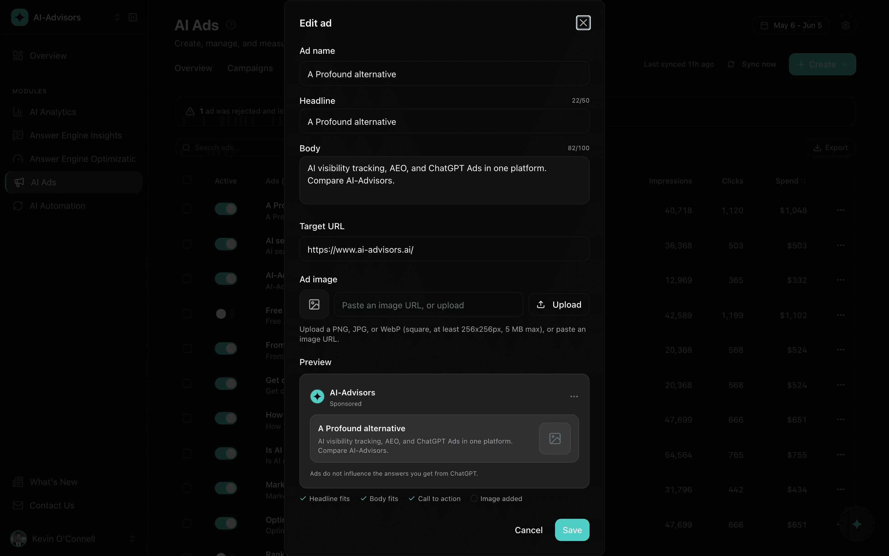 The ad editor with a live ChatGPT sponsored-card preview that updates as you type, plus headline, body, and call-to-action checks.