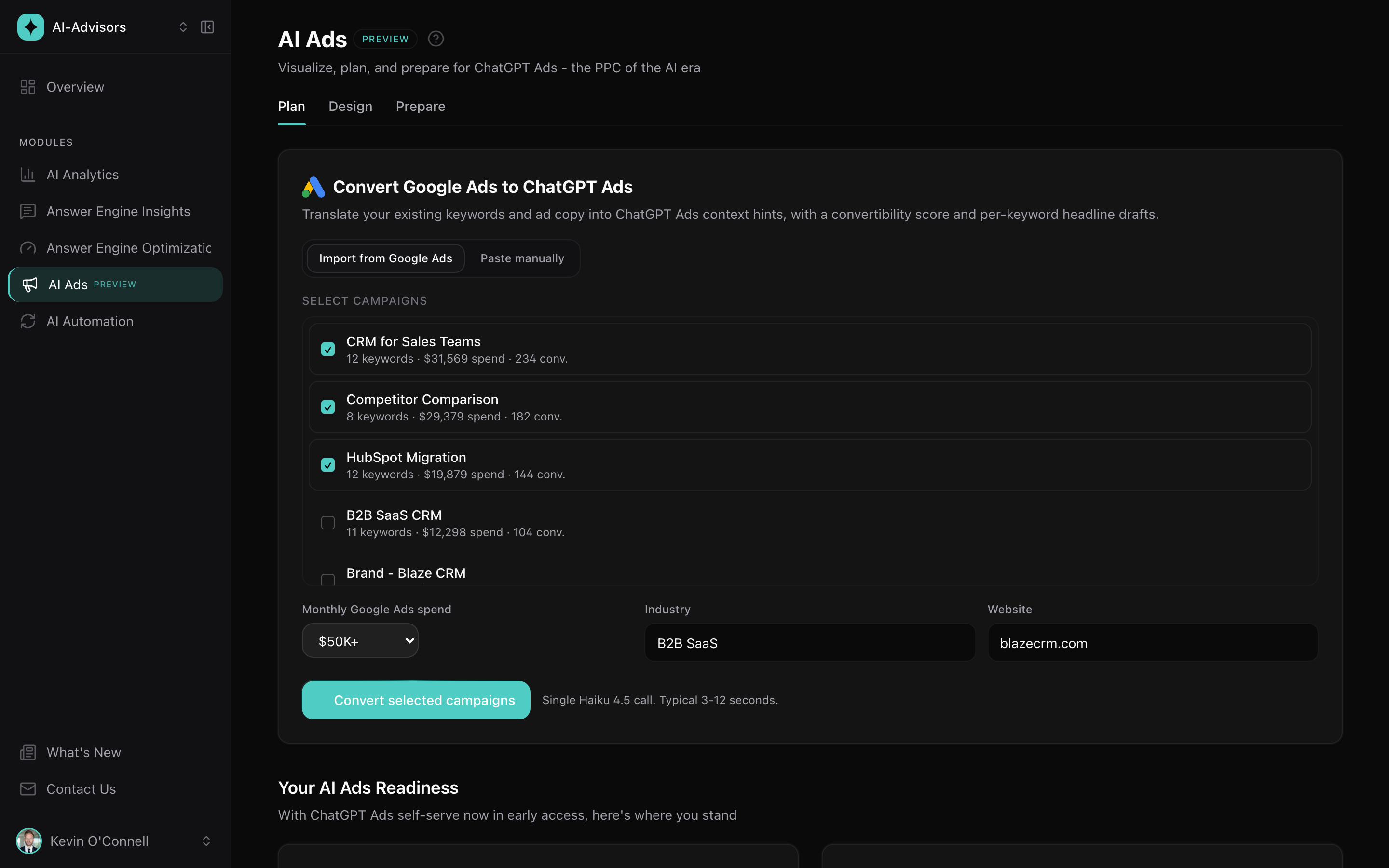 AI-Advisors converter importing Google Ads campaigns into ChatGPT Ads with three campaigns selected for translation
