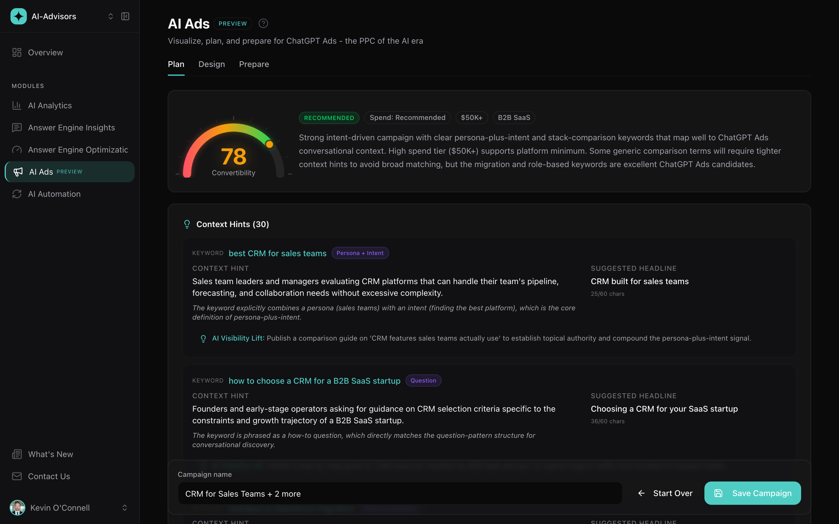 AI-Advisors ChatGPT Ads converter scoring a Recommended verdict at 78 with Context Hint Patterns and AI Visibility Lift briefs