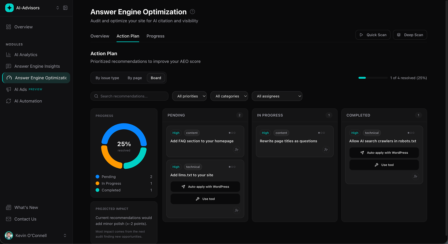 Answer Engine Optimization action plan Kanban board with pending, in progress, and completed recommendation cards and a projected score widget