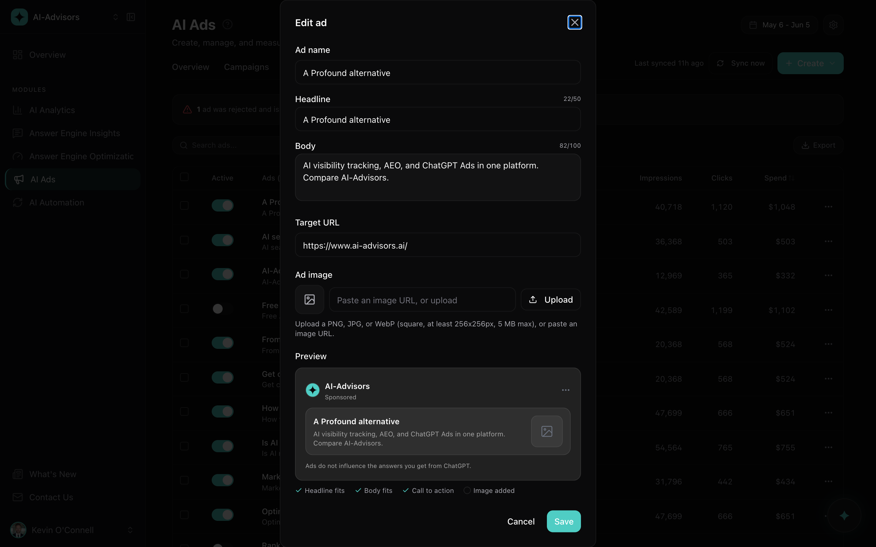 The ad editor with a live ChatGPT sponsored-card preview that updates as you type, plus headline, body, and call-to-action checks.