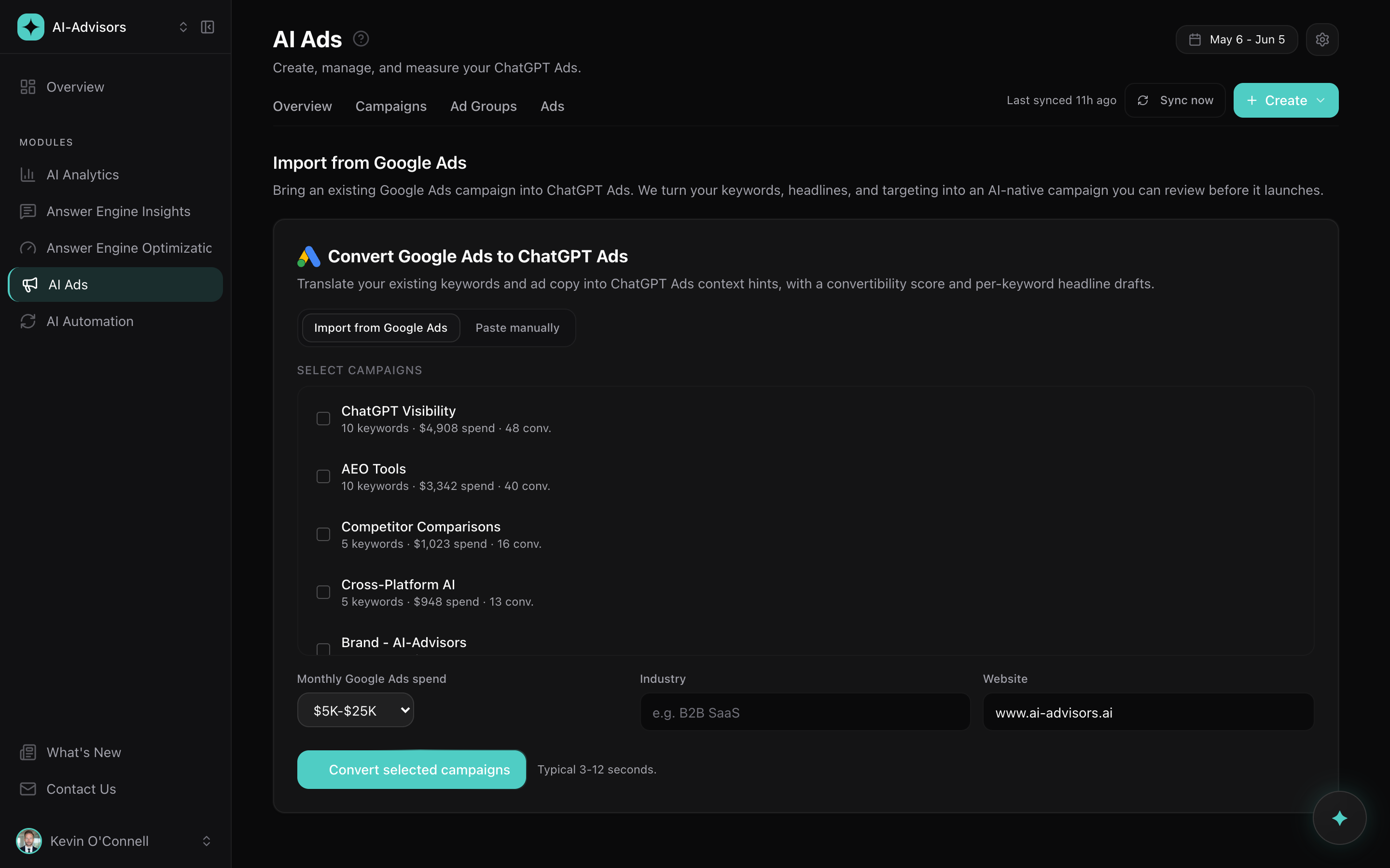 The Import from Google Ads screen listing Google Ads campaigns with keyword counts, spend, and conversions, ready to convert into ChatGPT Ads.