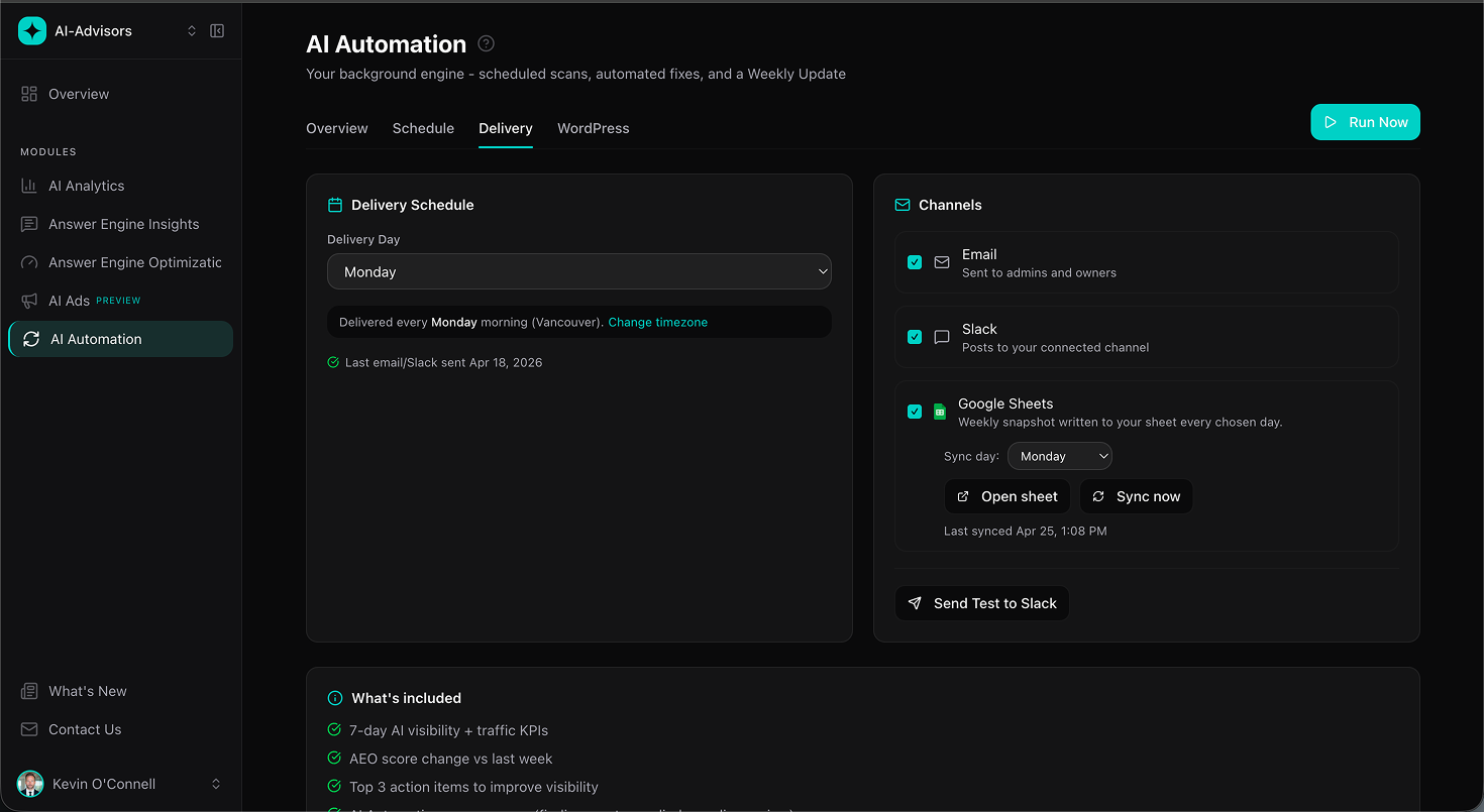 AI Automation Delivery tab showing the weekly delivery schedule and channel toggles for email, Slack, and Google Sheets, with a what's included list covering visibility KPIs, AEO score change, and top action items