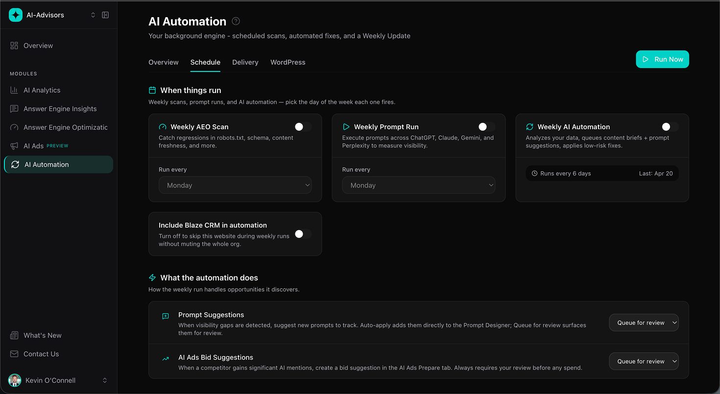 AI Automation Schedule tab showing weekly AEO scan, weekly prompt run, and weekly AI automation toggles with the day each one fires, and queue-for-review controls for prompt and bid suggestions