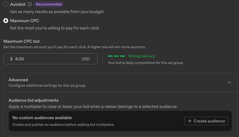 ChatGPT Ads Manager ad group with Maximum CPC selected and Audience bid adjustments under Advanced saying no custom audiences are available.