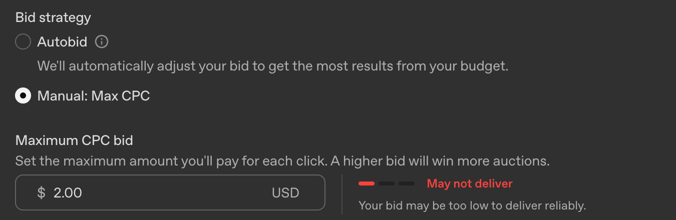 OpenAI's ChatGPT Ads Manager bid strategy panel with Autobid and Manual Max CPC options, a $2.00 maximum CPC bid and a May not deliver warning.