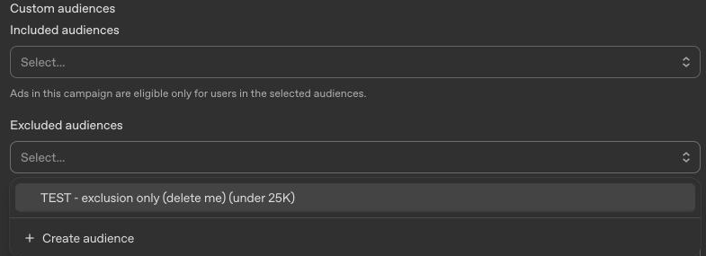 ChatGPT Ads Manager campaign Custom audiences section with the Excluded audiences picker open and an exclusion-only test audience available to select.