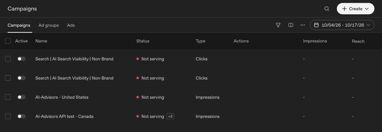 OpenAI's ChatGPT Ads Manager campaigns list with four paused test campaigns, each switched off and marked Not serving in the Status column.