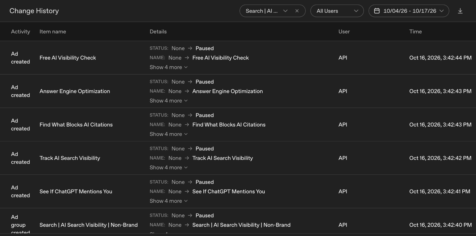OpenAI's ChatGPT Ads Manager Change History log listing ad and ad group creation in our account, with each field's old and new value, the user and the time.