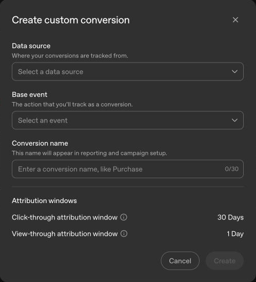 ChatGPT Ads Manager conversion event settings with a 30-day click-through and 1-day view-through window used for optimization.