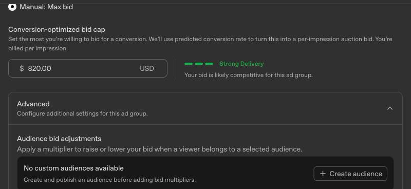 ChatGPT Ads Manager manual bid with a conversion-optimized bid cap billed per impression, and audience bid adjustments under Advanced.