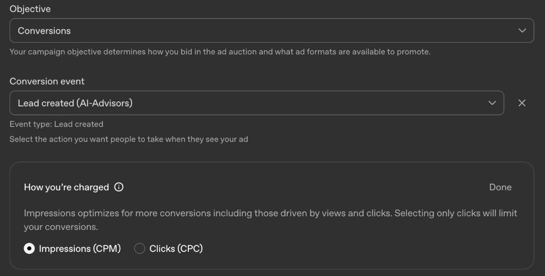 ChatGPT Ads Manager set to the Conversions objective with Lead created as the event and How you're charged set to Impressions (CPM).