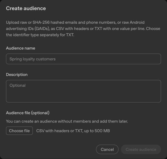 ChatGPT Ads Manager Create audience dialog with fields for audience name, an optional description, and an optional CSV or TXT audience file up to 500 MB.