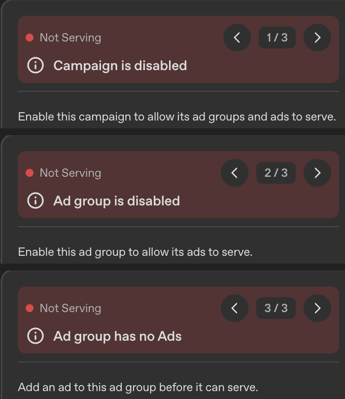 Three pages of the Not serving tooltip in OpenAI's ChatGPT Ads Manager: Campaign is disabled, Ad group is disabled, and Ad group has no Ads.