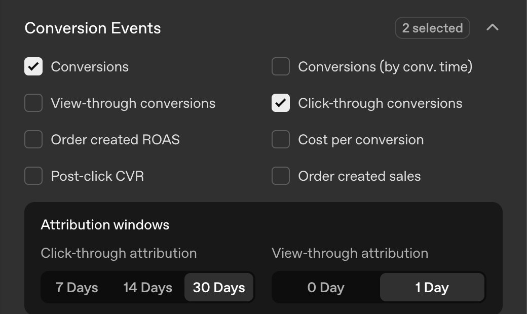 ChatGPT Ads Manager column settings with conversion metrics and reporting attribution windows of 7, 14 or 30 days click and 0 or 1 day view.