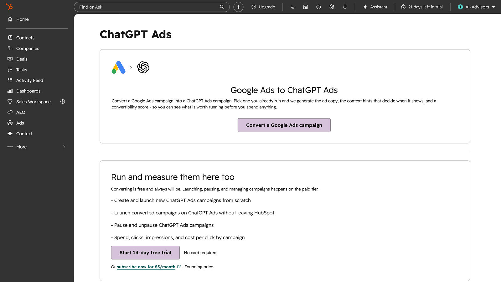 The ChatGPT Ads app page in HubSpot showing the Google Ads to ChatGPT Ads converter, with a Convert a Google Ads campaign button above a panel listing what the paid tier adds.
