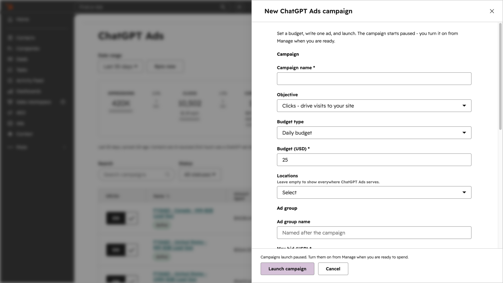 A New ChatGPT Ads campaign panel open over the campaign table in HubSpot, with fields for campaign name, objective, budget type, budget, locations and ad group