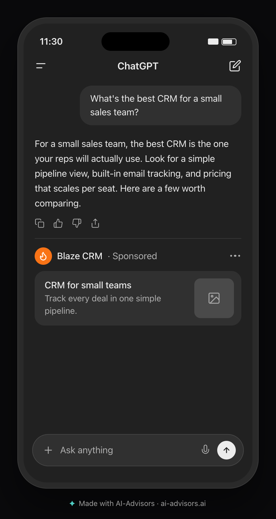 A PNG exported from the ChatGPT Ads Mockup Generator in mobile view and dark mode: a phone frame showing the same ChatGPT conversation and, below the answer, the Blaze CRM sponsored card, where the copy wraps onto two lines.