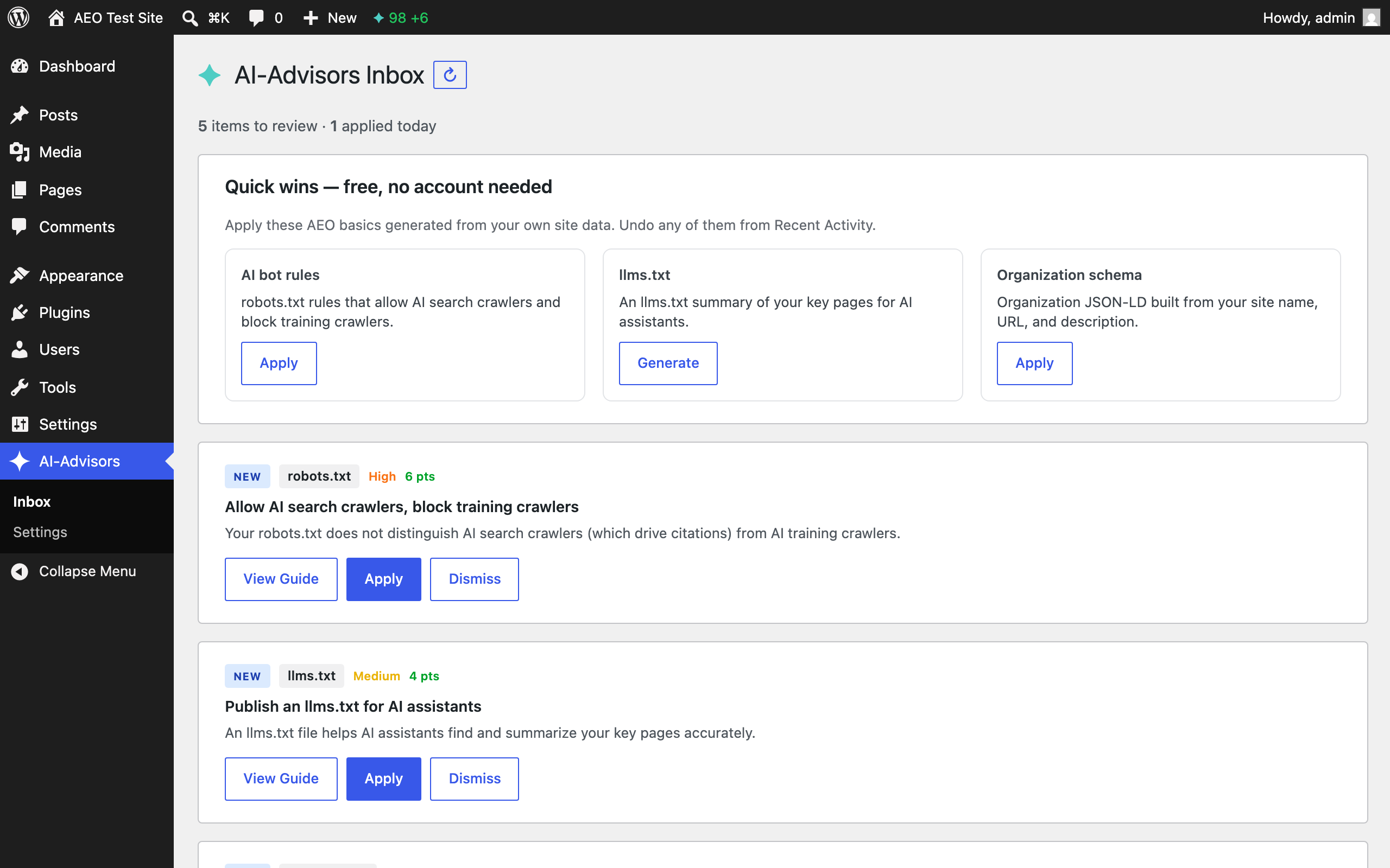 The AI-Advisors inbox inside WordPress admin, showing free quick wins for AI bot rules, llms.txt, and Organization schema, plus prioritized recommendation cards with View Guide, Apply, and Dismiss buttons